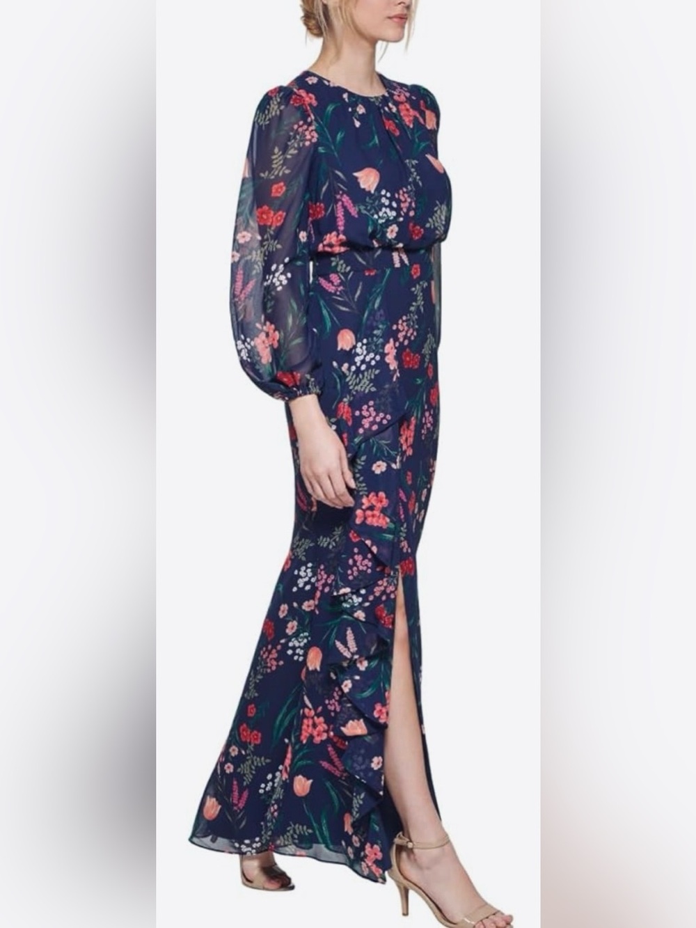 Eliza J Chiffon Floral Long Dress. Balloon long sleeve, slit, cascading ruffle 6 - Picture 4 of 16